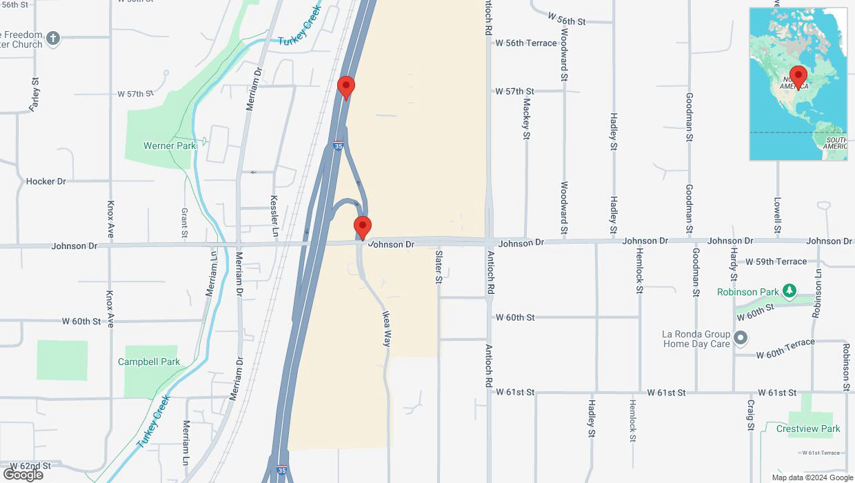 A detailed map that shows the affected road due to 'Broken down vehicle on Johnson Drive in Merriam' on November 22nd at 6:21 p.m.