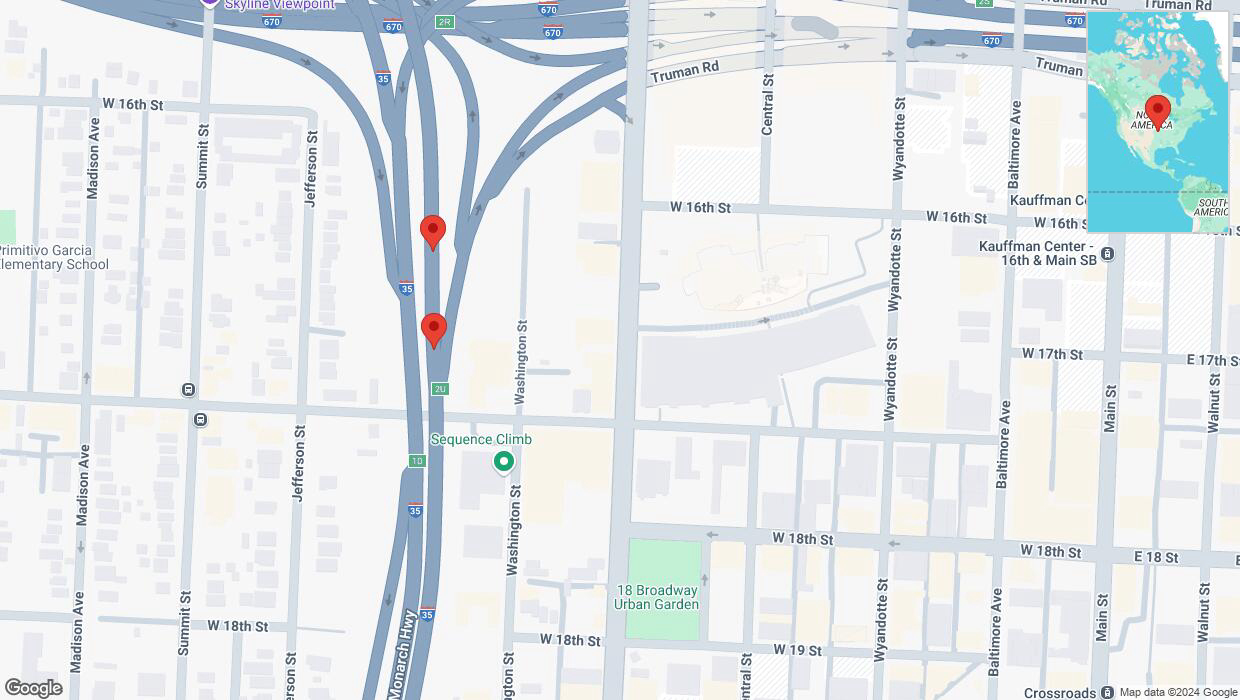 A detailed map that shows the affected road due to 'Broken down vehicle on northbound I-35 in Kansas City' on November 22nd at 7:21 p.m.