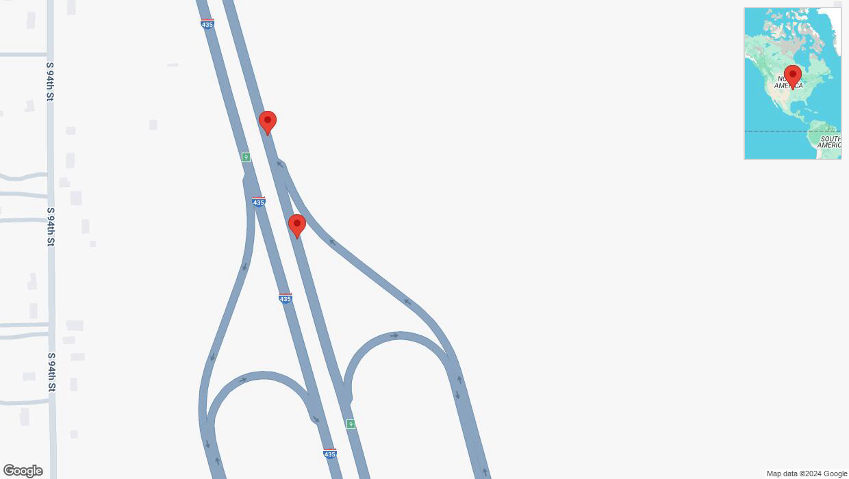 A detailed map that shows the affected road due to 'Broken down vehicle on northbound I-435 in Kansas City' on November 22nd at 7:51 p.m.