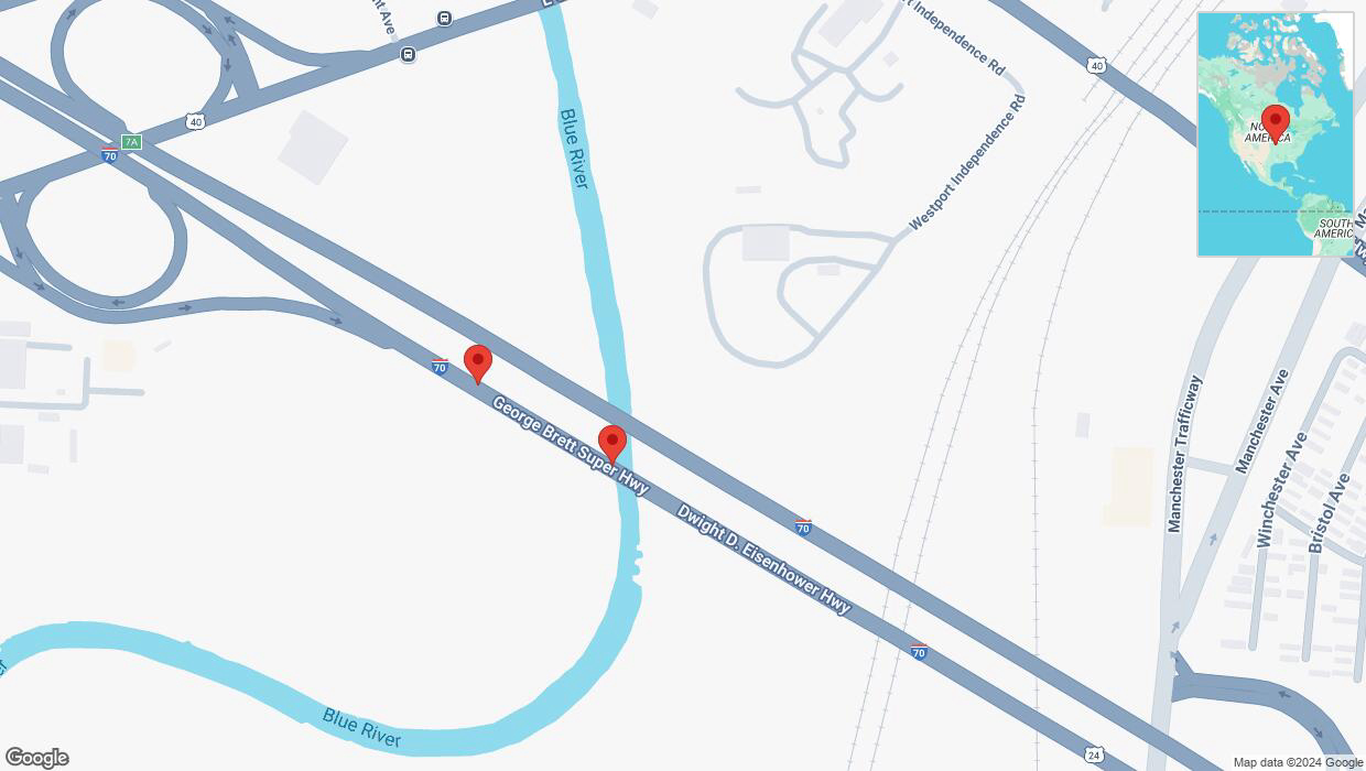 A detailed map that shows the affected road due to 'Broken down vehicle on eastbound I-70 in Kansas City' on November 22nd at 8:33 p.m.