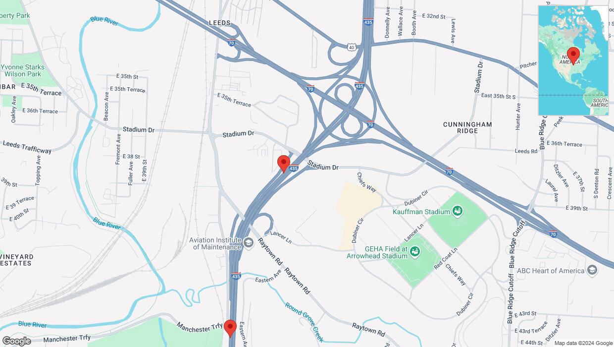 A detailed map that shows the affected road due to 'A crash has been reported on southbound I-435' on November 22nd at 10:21 p.m.