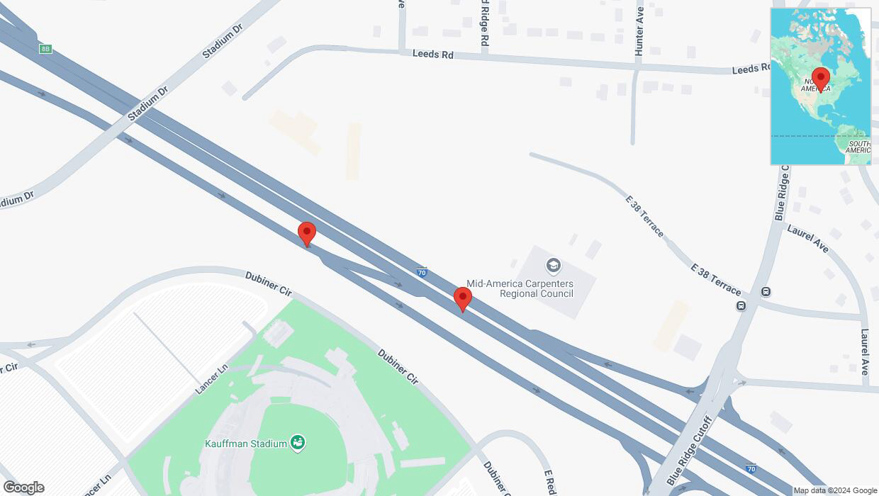 A detailed map that shows the affected road due to 'Broken down vehicle on Leeds Road in Kansas City' on November 23rd at 2:39 p.m.
