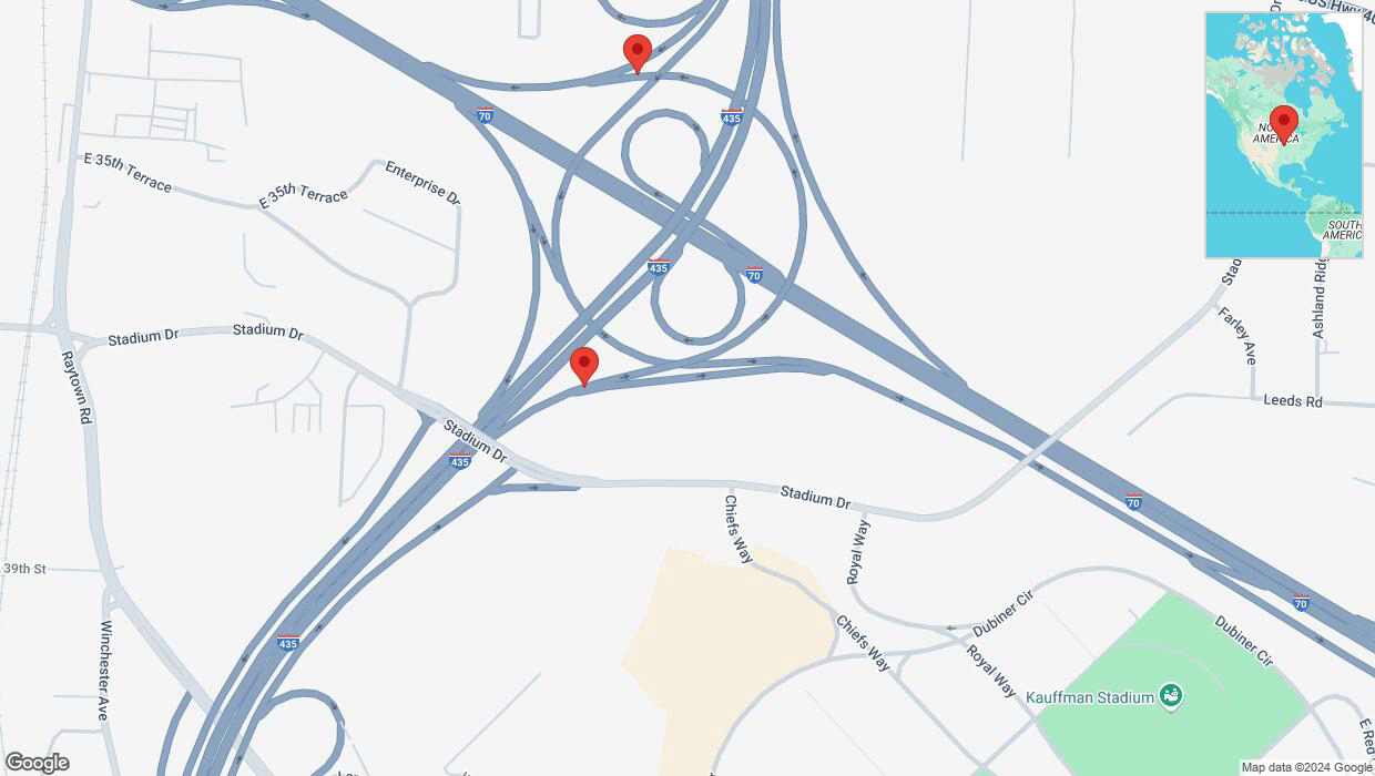 A detailed map that shows the affected road due to 'Crash reported on Interstate 435 in Kansas City' on November 23rd at 3:21 p.m.