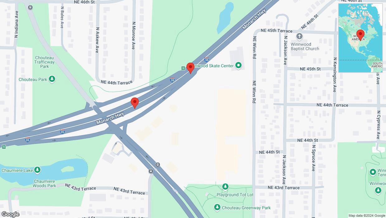 A detailed map that shows the affected road due to 'Crash reported on northbound I-35 in Kansas City' on November 23rd at 7:39 p.m.
