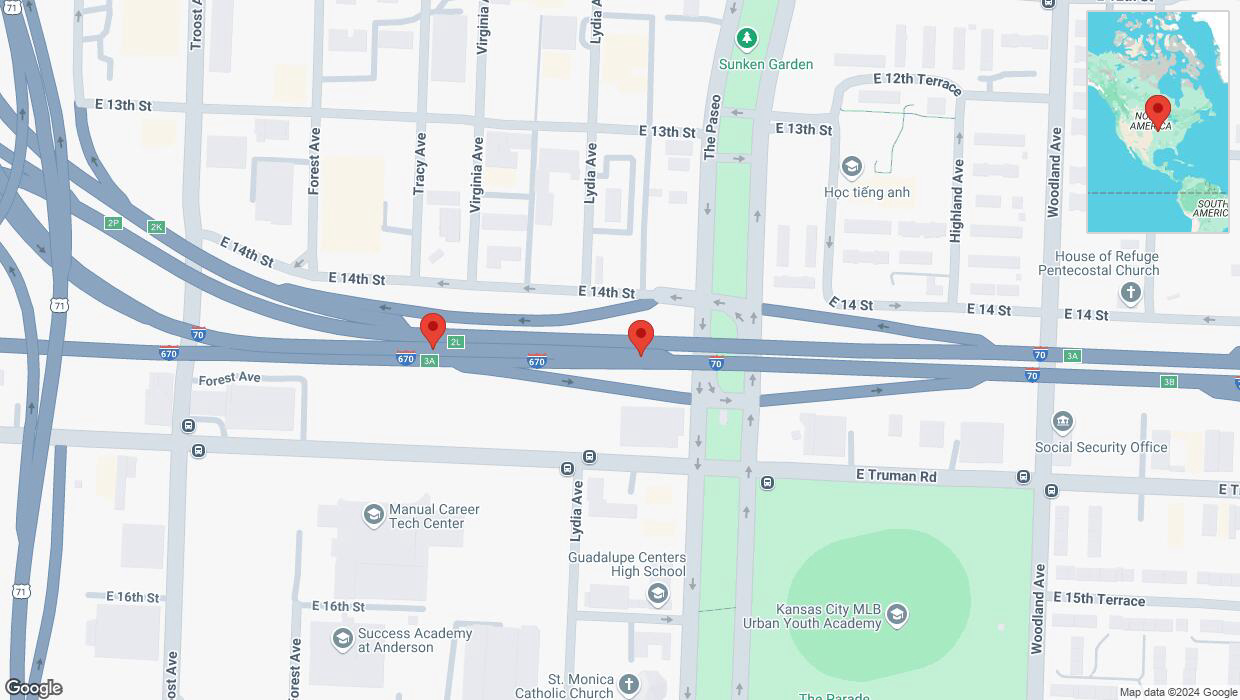 A detailed map that shows the affected road due to 'Warning in Kansas City: Crash reported on eastbound I-70' on November 23rd at 10:27 p.m.