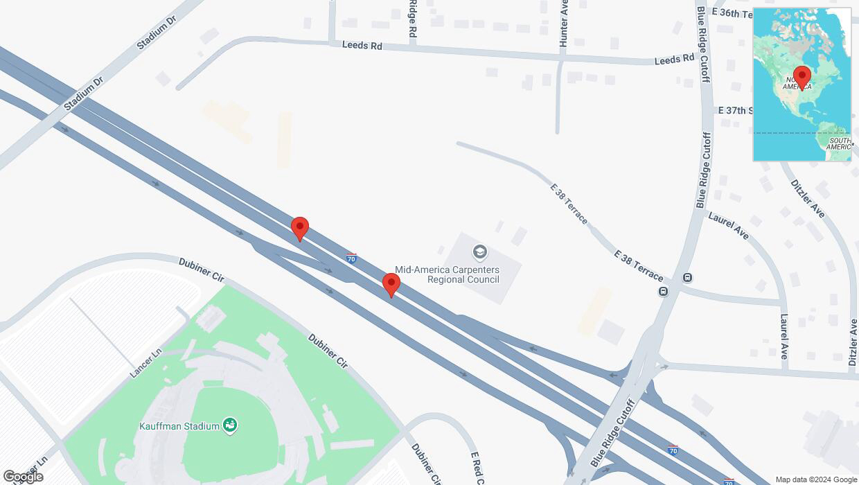 A detailed map that shows the affected road due to 'Broken down vehicle on eastbound I-70 in Kansas City' on November 24th at 12:32 p.m.
