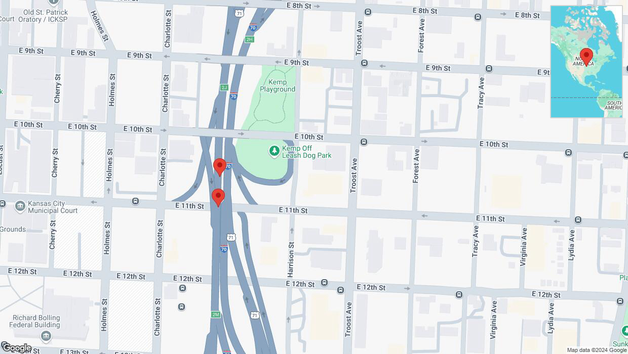 A detailed map that shows the affected road due to 'Warning in Kansas City: Crash reported on eastbound I-70' on November 24th at 1:32 p.m.
