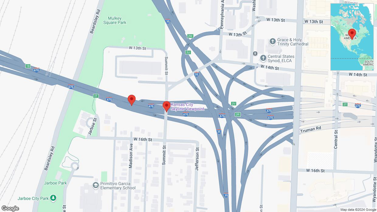 A detailed map that shows the affected road due to 'Broken down vehicle on eastbound I-670 in Kansas City' on November 24th at 2:50 p.m.