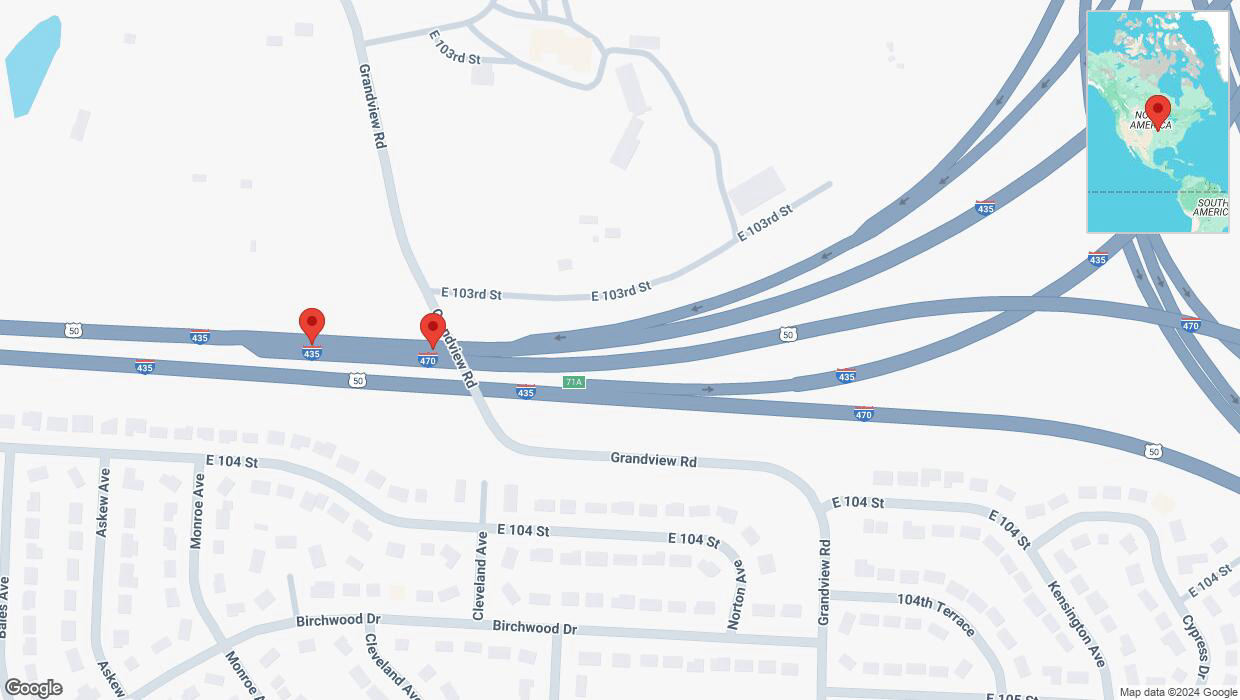 A detailed map that shows the affected road due to 'Broken down vehicle on southbound I-435 in Kansas City' on November 24th at 2:56 p.m.