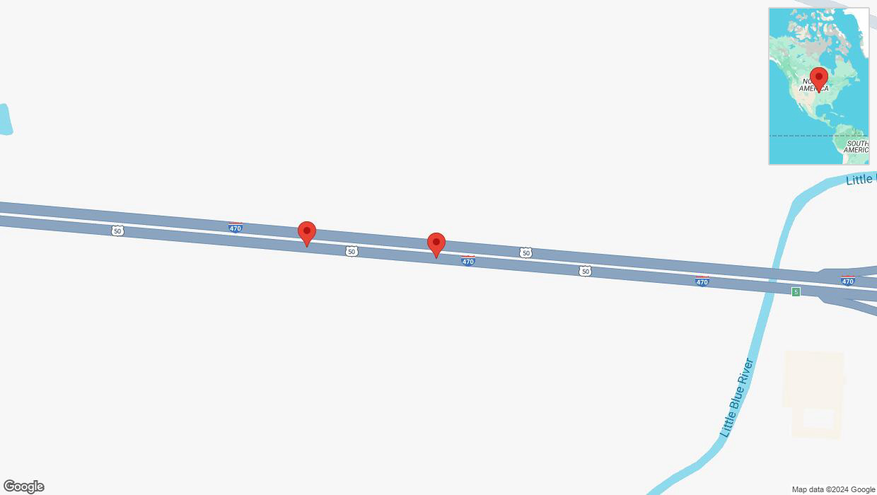 A detailed map that shows the affected road due to 'Broken down vehicle on eastbound I-470 in Kansas City' on November 24th at 4:50 p.m.