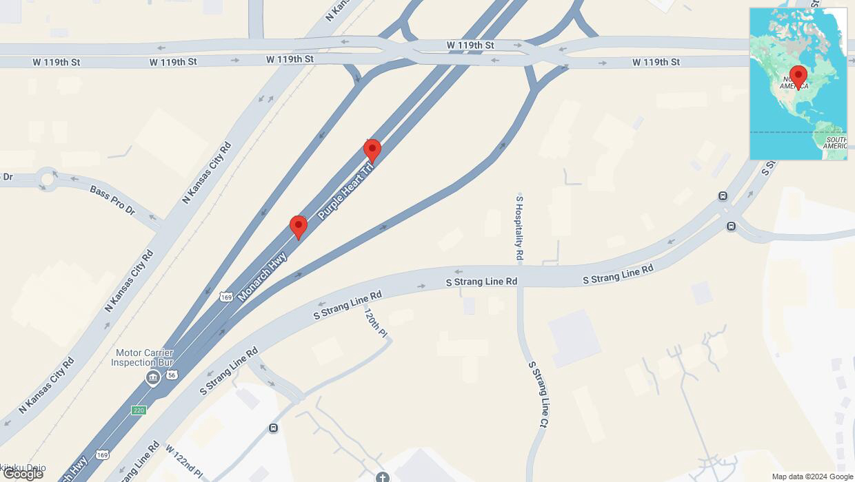 A detailed map that shows the affected road due to 'Broken down vehicle on eastbound I-35 in Olathe' on November 24th at 5:14 p.m.