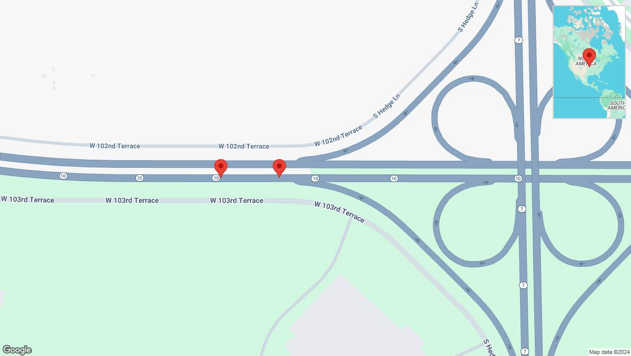 A detailed map that shows the affected road due to 'Broken down vehicle on eastbound K-10 in Olathe' on November 25th at 9:27 a.m.