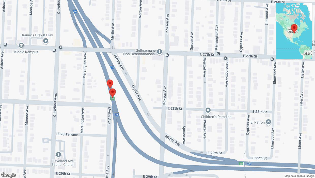 A detailed map that shows the affected road due to 'Broken down vehicle on eastbound I-70 in Kansas City' on November 25th at 6:01 p.m.