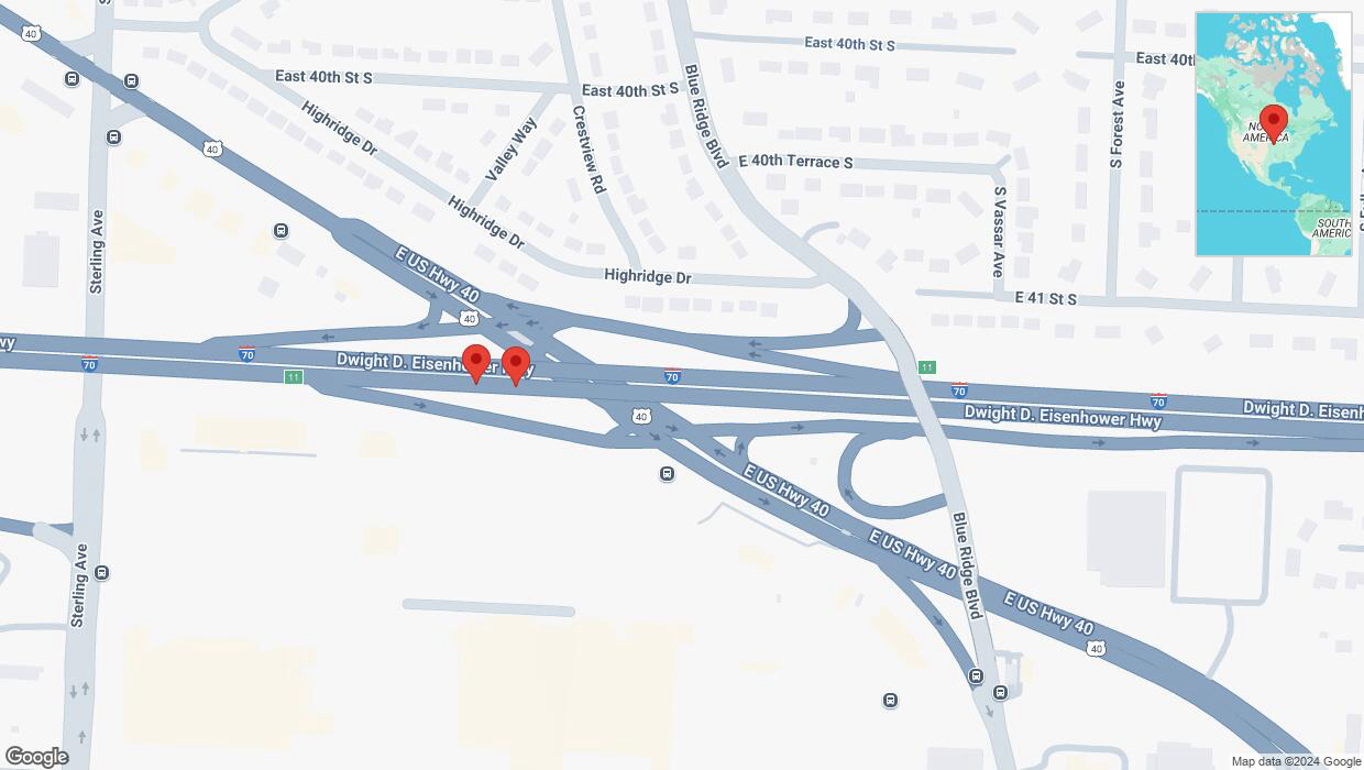 A detailed map that shows the affected road due to 'Broken down vehicle on eastbound I-70 in Independence' on November 25th at 6:13 p.m.
