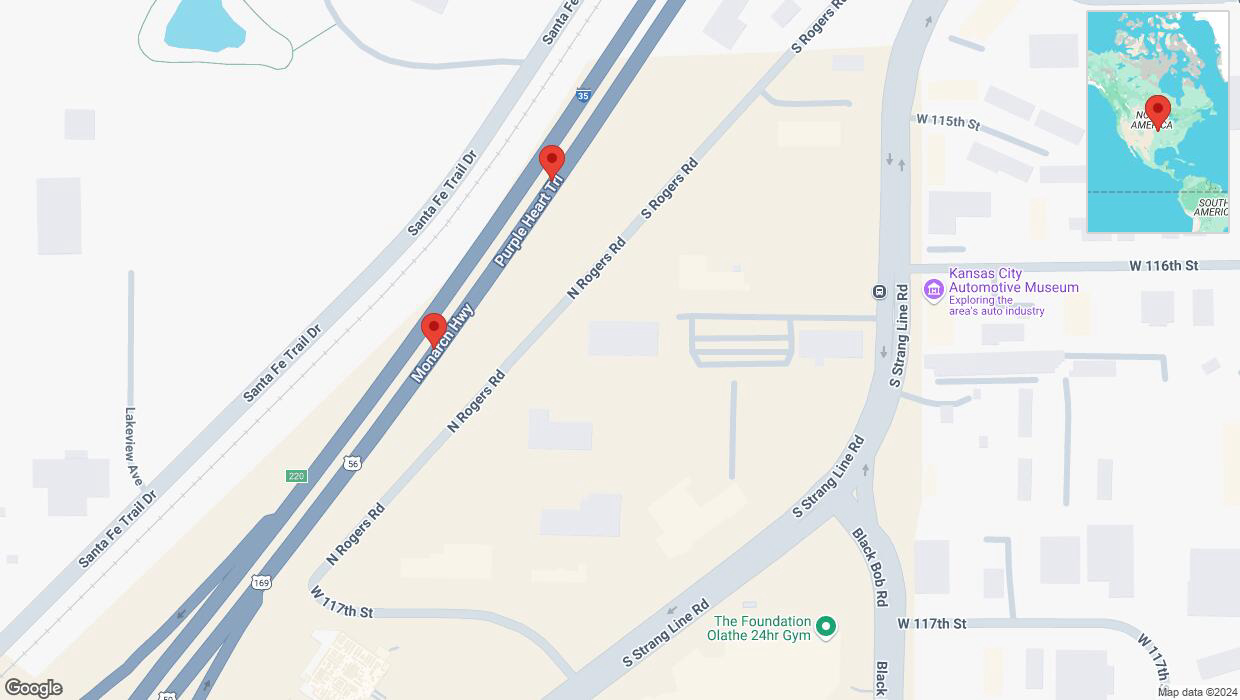 A detailed map that shows the affected road due to 'Broken down vehicle on eastbound I-35 in Olathe' on November 25th at 7:49 p.m.