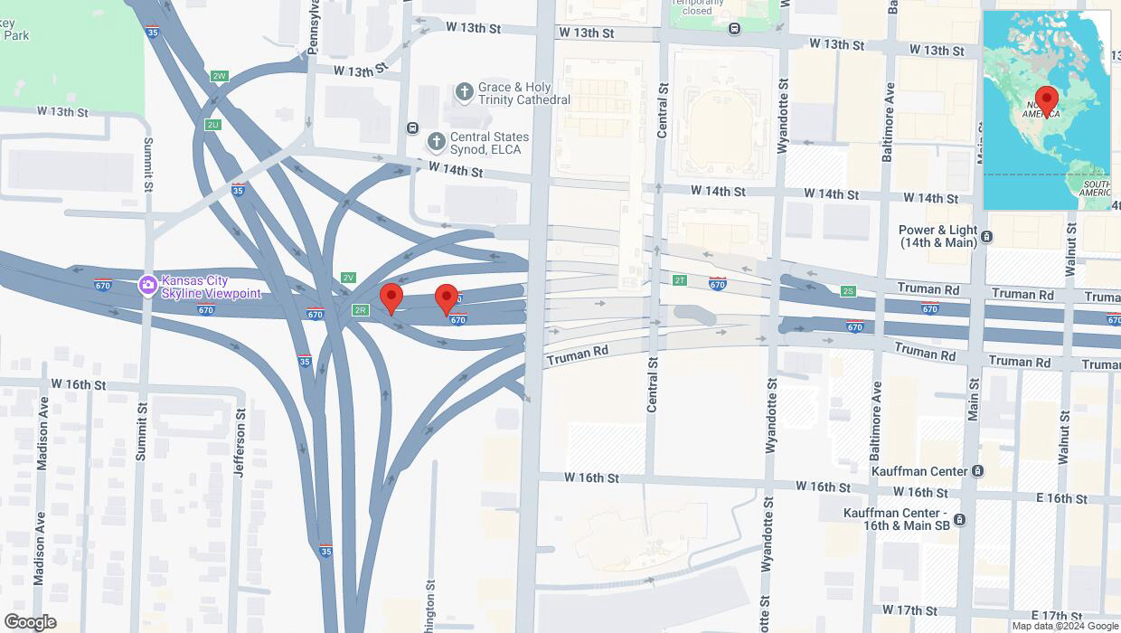 A detailed map that shows the affected road due to 'Broken down vehicle on eastbound I-670 in Kansas City' on November 25th at 9:01 p.m.