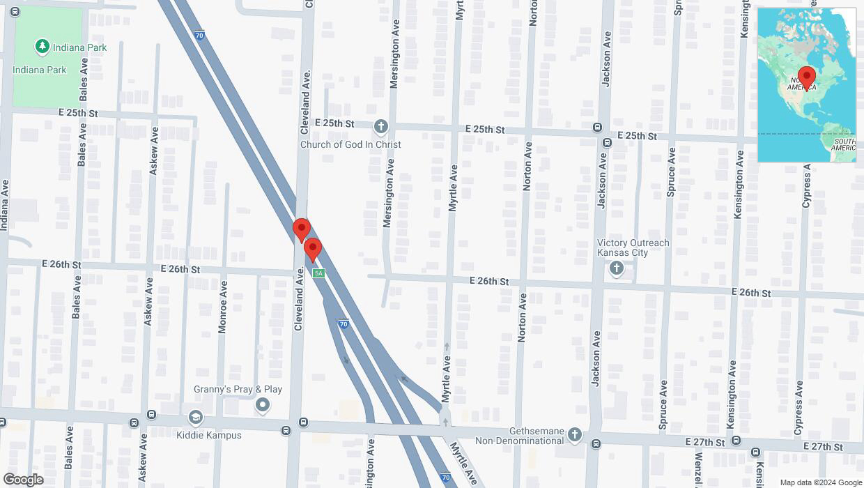 A detailed map that shows the affected road due to 'Broken down vehicle on eastbound I-70 in Kansas City' on November 25th at 10:49 p.m.