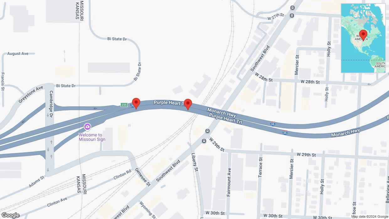 A detailed map that shows the affected road due to 'Broken down vehicle on northbound I-35 in Kansas City' on November 28th at 4:55 p.m.