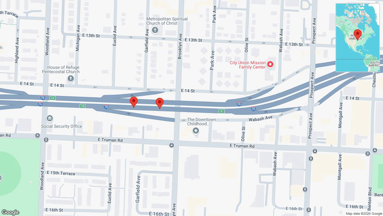A detailed map that shows the affected road due to 'Broken down vehicle on eastbound I-70 in Kansas City' on November 26th at 4:25 p.m.
