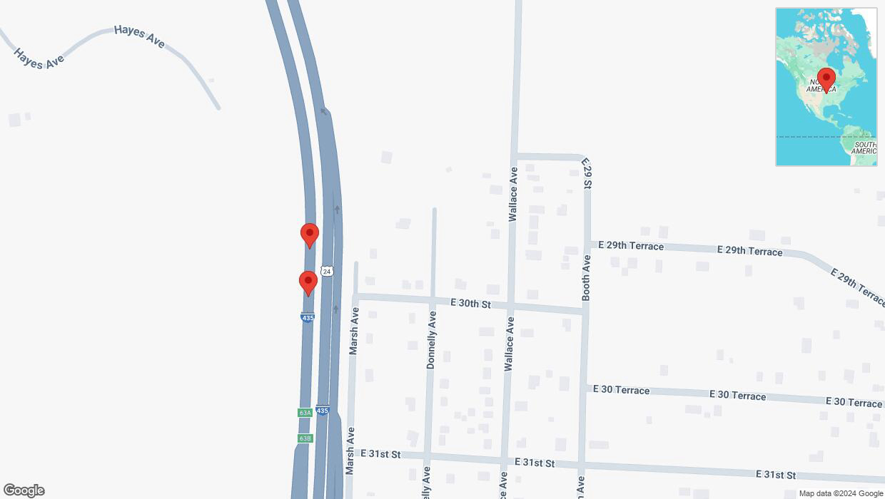 A detailed map that shows the affected road due to 'Broken down vehicle on southbound I-435 in Kansas City' on November 26th at 6:37 p.m.