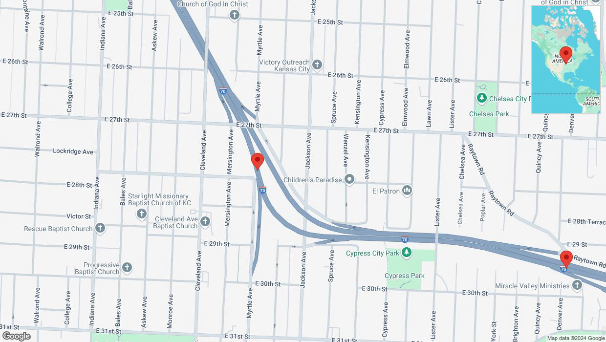 A detailed map that shows the affected road due to 'Warning: Crash on eastbound I-70 in Kansas City' on November 26th at 6:31 p.m.