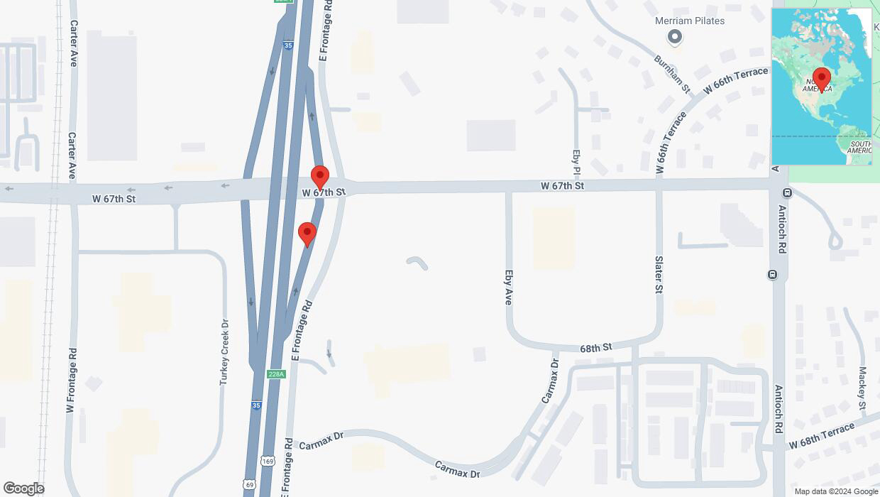 A detailed map that shows the affected road due to 'Broken down vehicle on East Frontage Road in Merriam' on November 26th at 7:37 p.m.