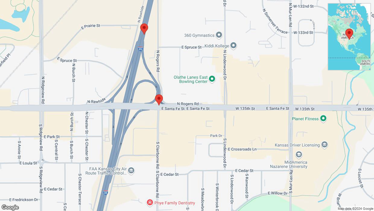 A detailed map that shows the affected road due to 'Drivers cautioned as heavy rain triggers traffic concerns on East Santa Fe Street in Olathe' on November 27th at 3:31 p.m.