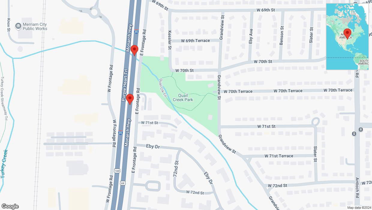 A detailed map that shows the affected road due to 'Broken down vehicle on eastbound I-35 in Merriam' on November 27th at 3:55 p.m.