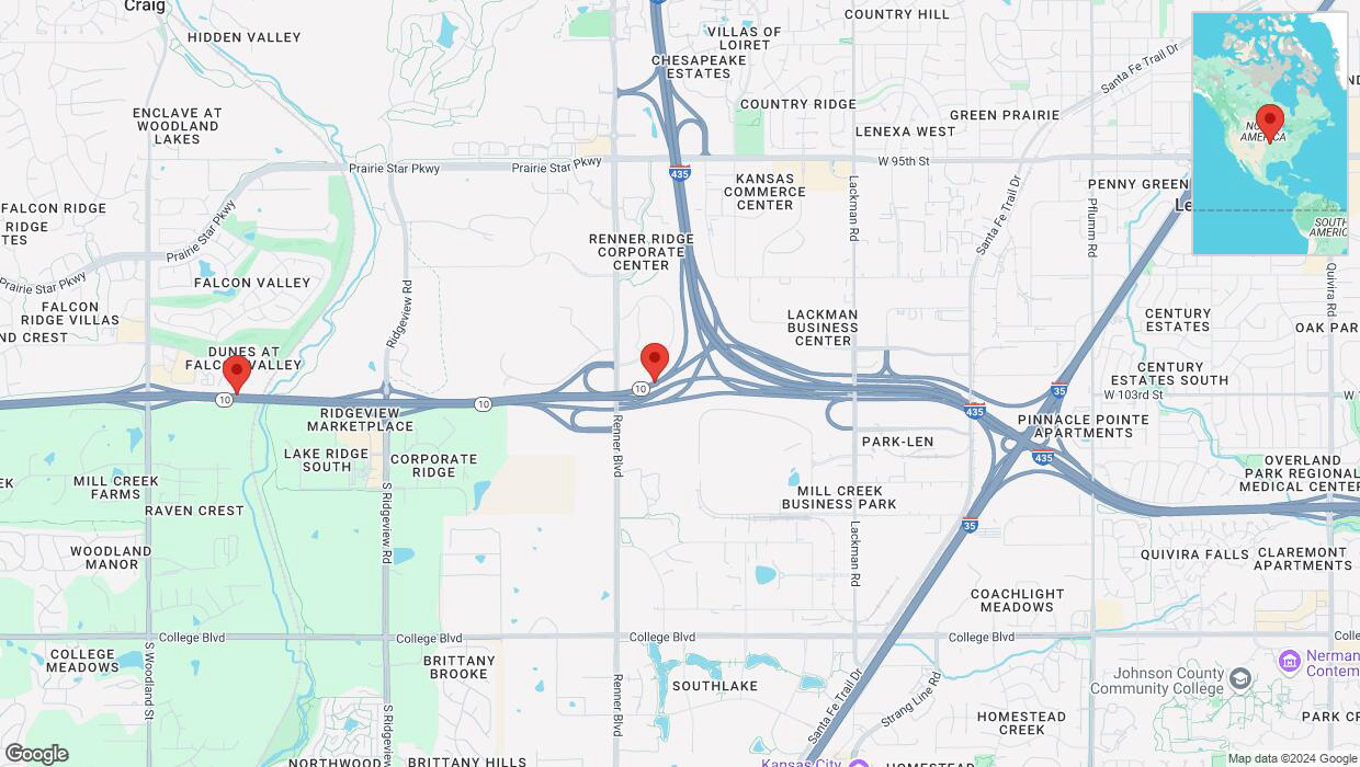 A detailed map that shows the affected road due to 'Heavy rain prompts traffic warning on westbound K-10 in Lenexa' on November 27th at 3:36 p.m.