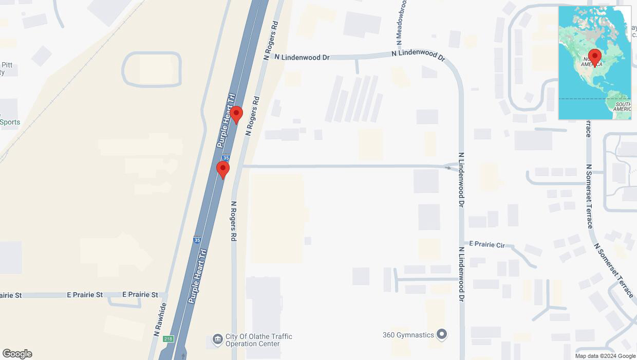 A detailed map that shows the affected road due to 'Broken down vehicle on eastbound I-35 in Olathe' on November 27th at 8:07 p.m.