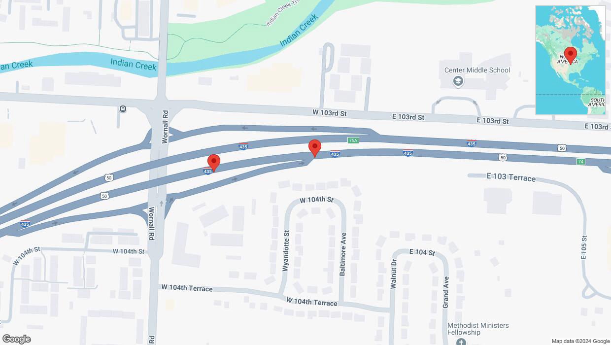 A detailed map that shows the affected road due to 'Broken down vehicle on eastbound I-435 in Kansas City' on November 28th at 4:55 p.m.