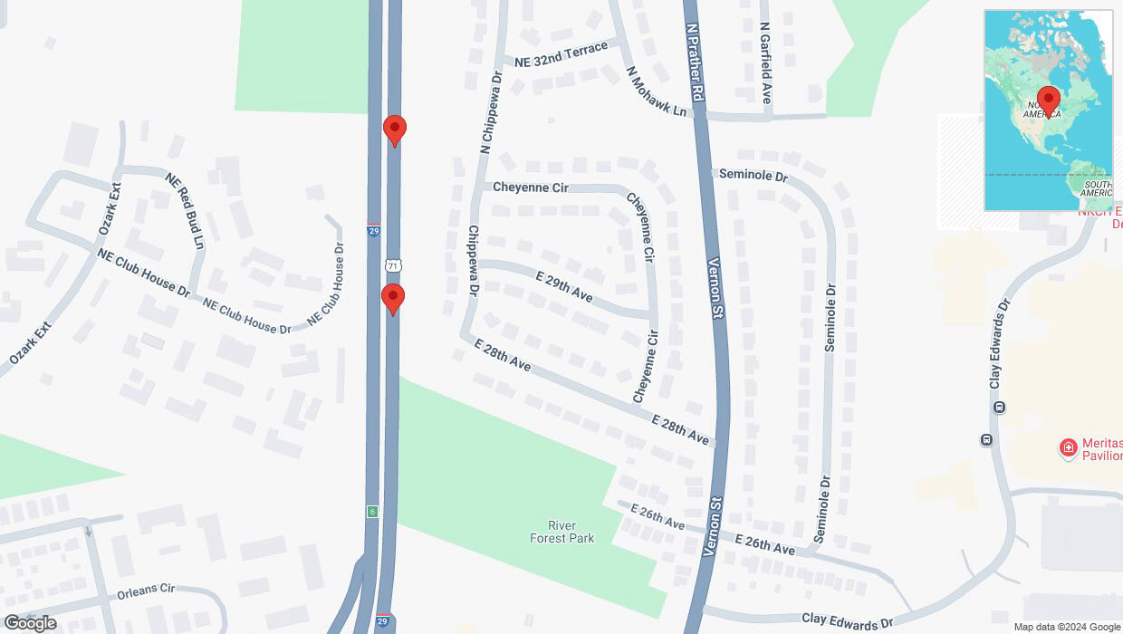 A detailed map that shows the affected road due to 'Broken down vehicle on northbound I-29/I-35 in Kansas City' on November 28th at 8:55 p.m.