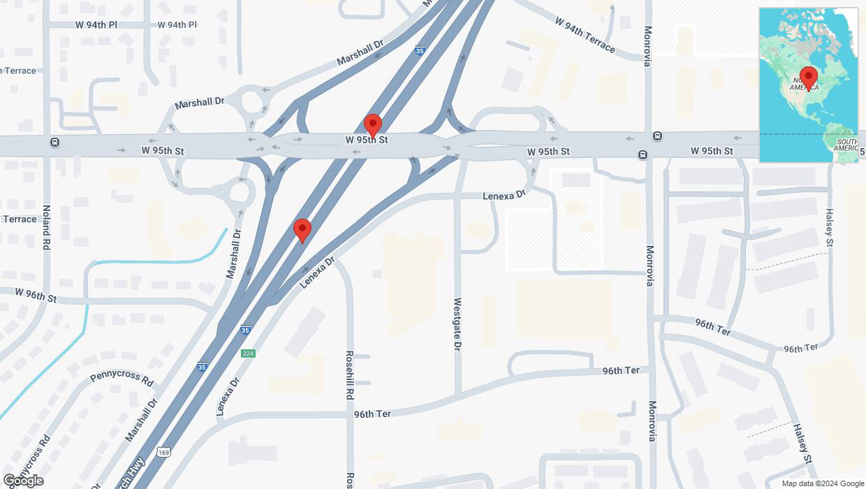A detailed map that shows the affected road due to 'Broken down vehicle on eastbound I-35 in Lenexa' on November 29th at 12:13 p.m.