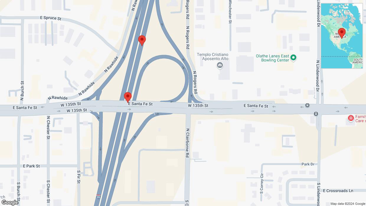 A detailed map that shows the affected road due to 'Broken down vehicle on eastbound I-35 in Olathe' on November 29th at 8:42 p.m.