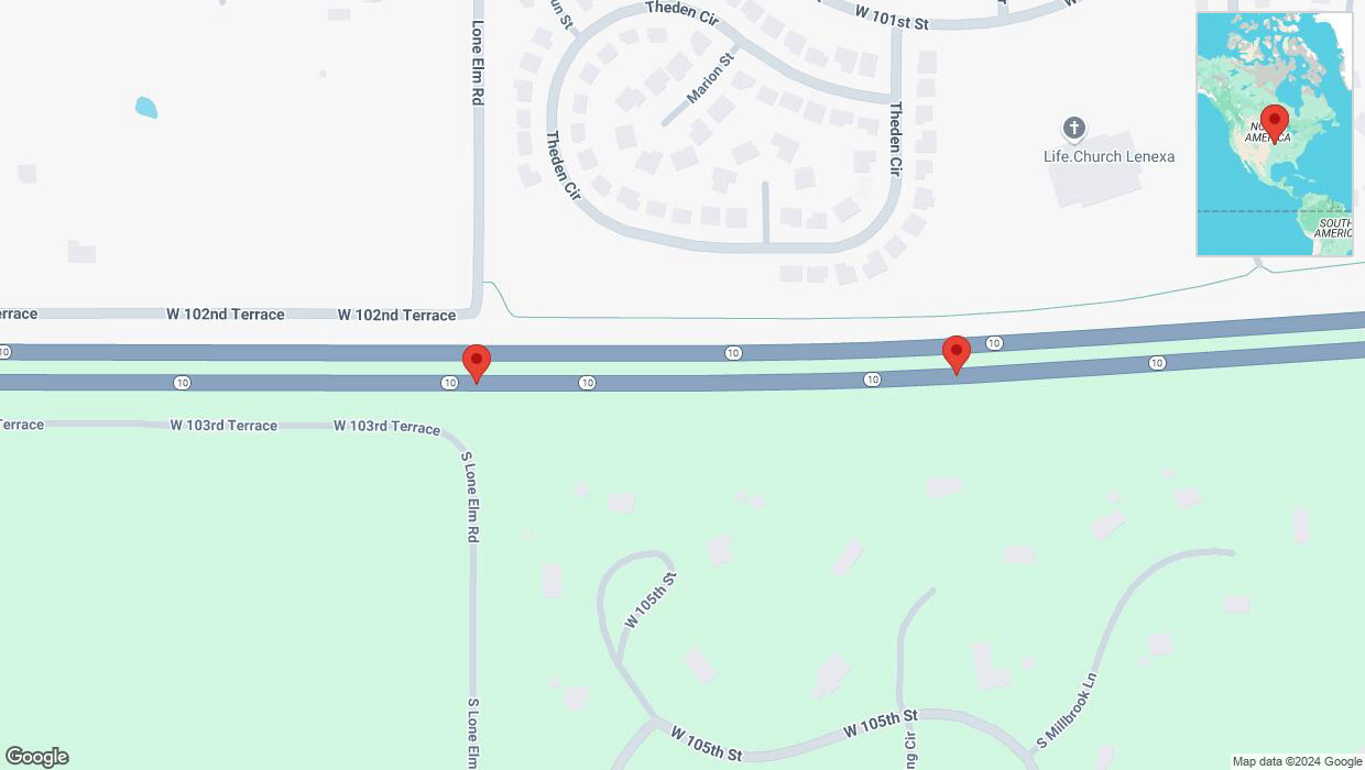 A detailed map that shows the affected road due to 'Broken down vehicle on eastbound K-10 in Olathe' on November 30th at 12 a.m.