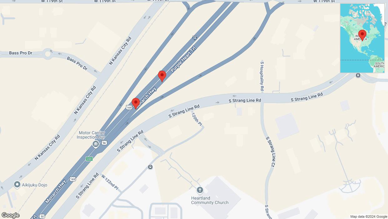 A detailed map that shows the affected road due to 'Broken down vehicle on eastbound I-35 in Olathe' on November 29th at 11:06 p.m.