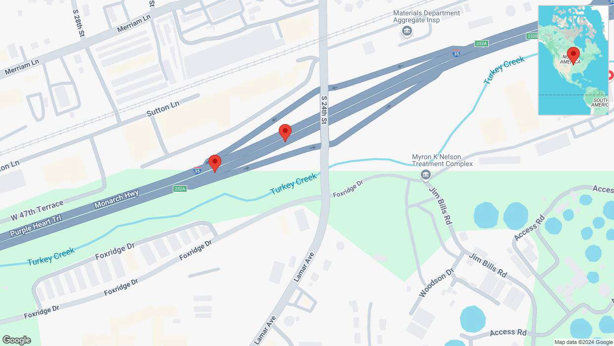 A detailed map that shows the affected road due to 'Broken down vehicle on northbound I-35 in Mission' on November 30th at 3:29 p.m.