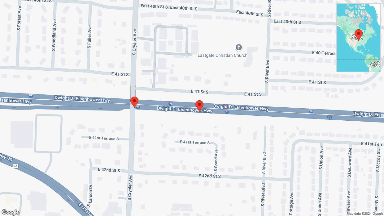 A detailed map that shows the affected road due to 'Broken down vehicle on eastbound I-70 in Independence' on December 1st at 1:55 p.m.