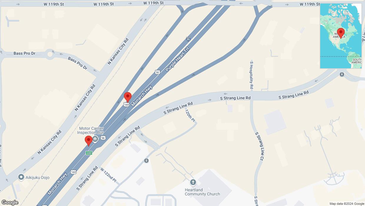 A detailed map that shows the affected road due to 'Broken down vehicle on westbound I-35 in Olathe' on December 1st at 5:22 p.m.