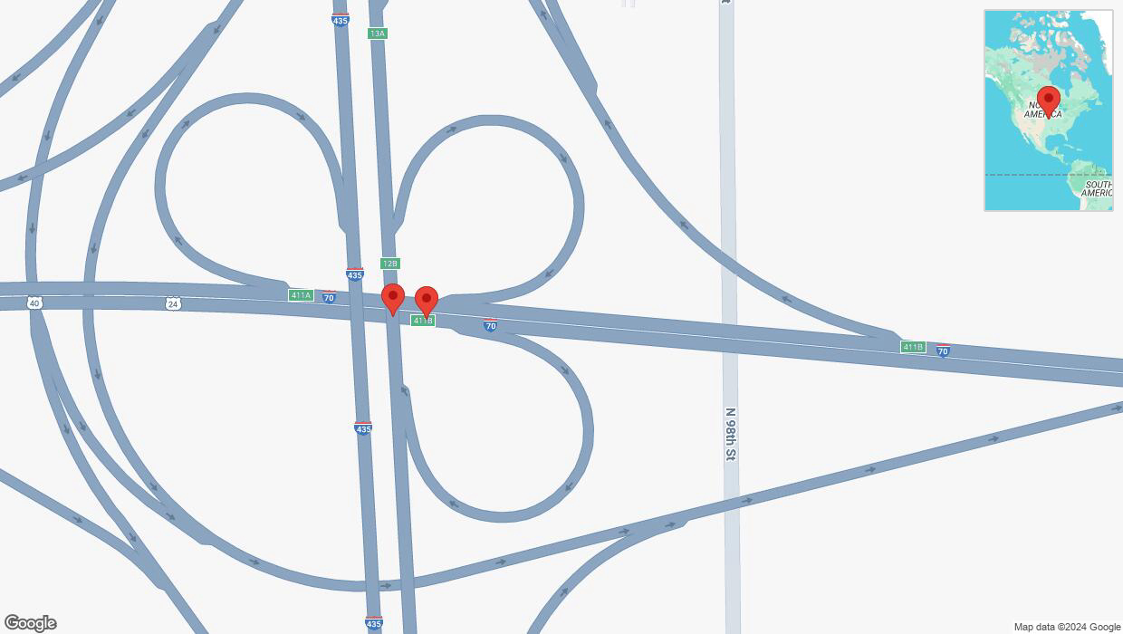 A detailed map that shows the affected road due to 'Warning in Kansas City: Crash reported on eastbound I-70' on December 1st at 11:12 p.m.