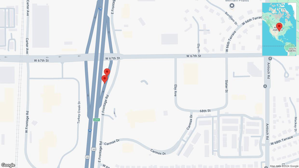A detailed map that shows the affected road due to 'Broken down vehicle on East Frontage Road in Merriam' on December 2nd at 4:34 p.m.