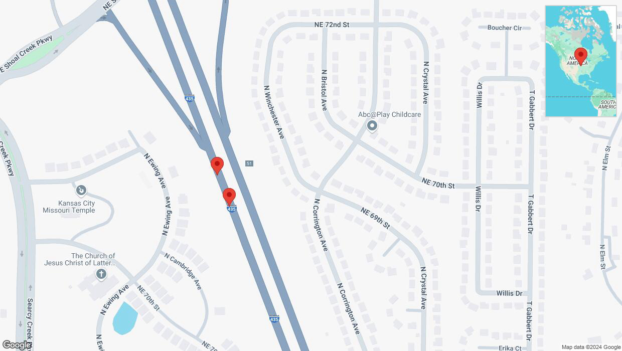 A detailed map that shows the affected road due to 'Broken down vehicle on southbound I-435 in Kansas City' on December 2nd at 7:07 p.m.