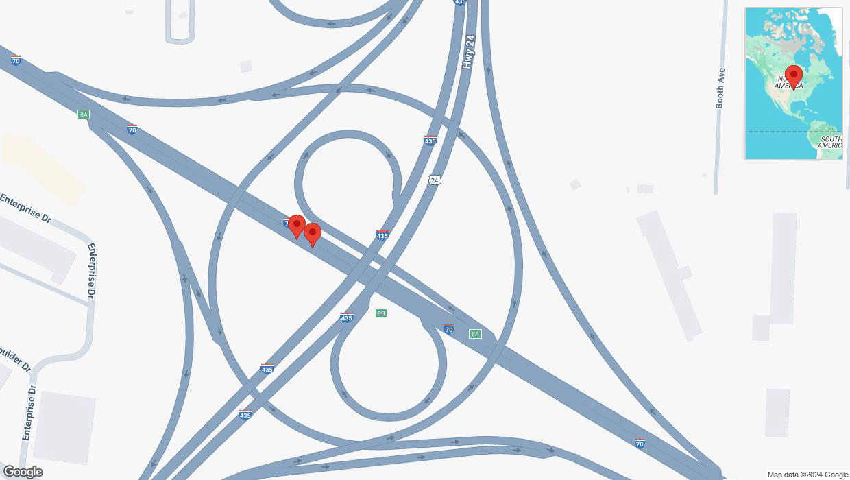 A detailed map that shows the affected road due to 'Broken down vehicle on eastbound I-70 in Kansas City' on December 2nd at 9:06 p.m.
