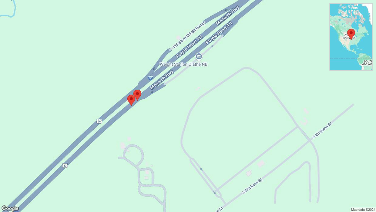 A detailed map that shows the affected road due to 'Broken down vehicle on eastbound I-35 in Olathe' on December 3rd at 12:52 p.m.