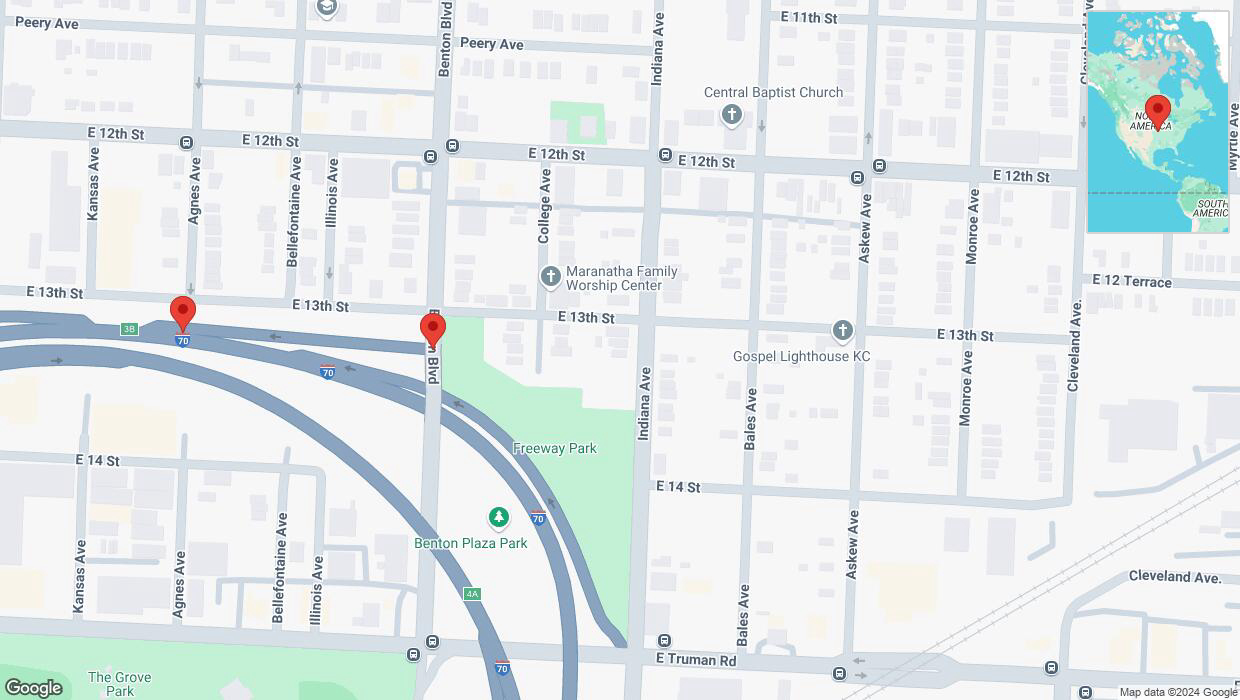 A detailed map that shows the affected road due to 'Broken down vehicle on Benton Boulevard in Kansas City' on December 3rd at 2:54 p.m.
