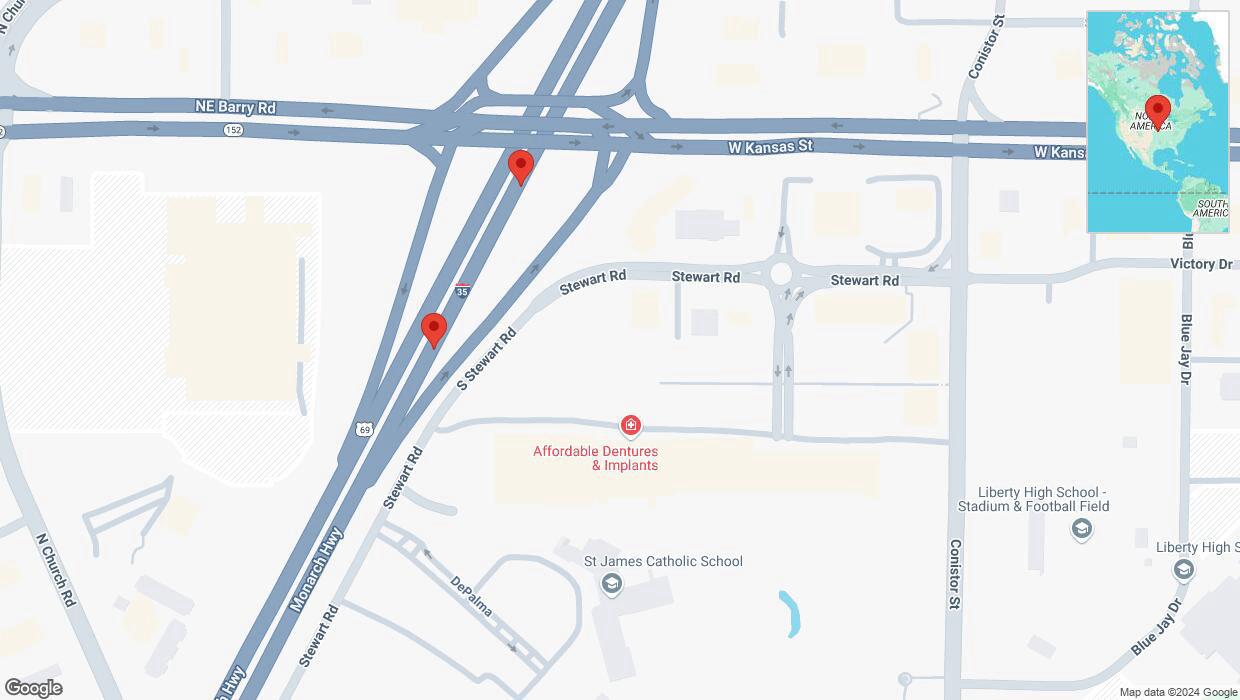 A detailed map that shows the affected road due to 'Broken down vehicle on northbound I-35 in Liberty' on December 3rd at 4:59 p.m.
