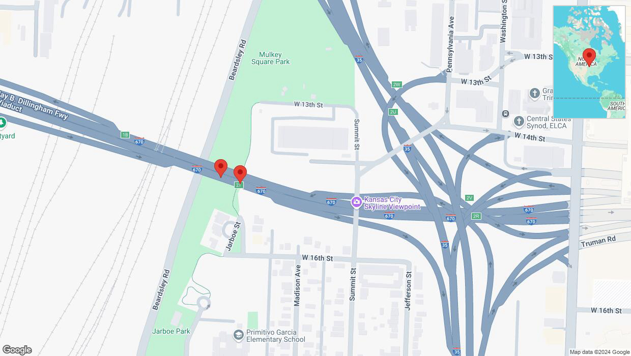 A detailed map that shows the affected road due to 'Broken down vehicle on eastbound I-670 in Kansas City' on December 4th at 6:21 p.m.