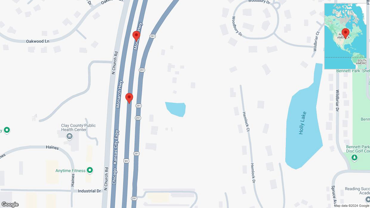 A detailed map that shows the affected road due to 'Broken down vehicle on northbound I-35 in Liberty' on December 4th at 5:23 p.m.