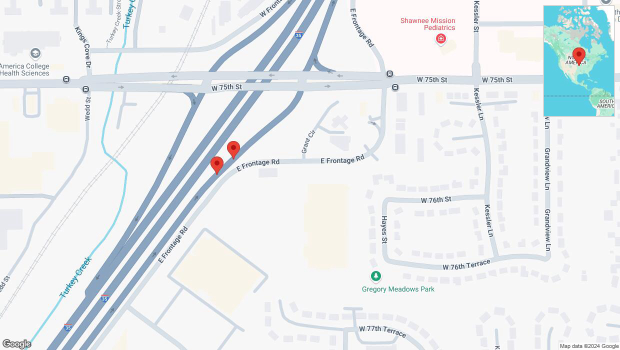 A detailed map that shows the affected road due to 'Crash reported on East Frontage Road in Overland Park' on December 4th at 6:15 p.m.