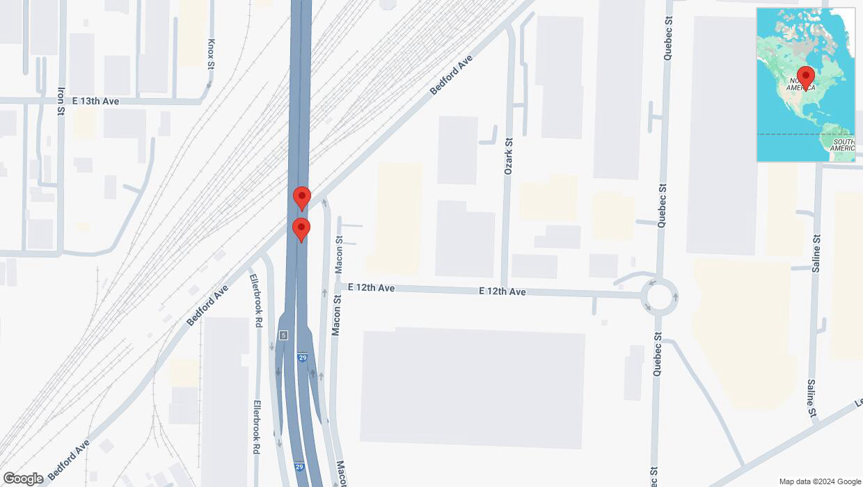 A detailed map that shows the affected road due to 'Broken down vehicle on northbound I-29/I-35 in North Kansas City' on December 4th at 7:40 p.m.